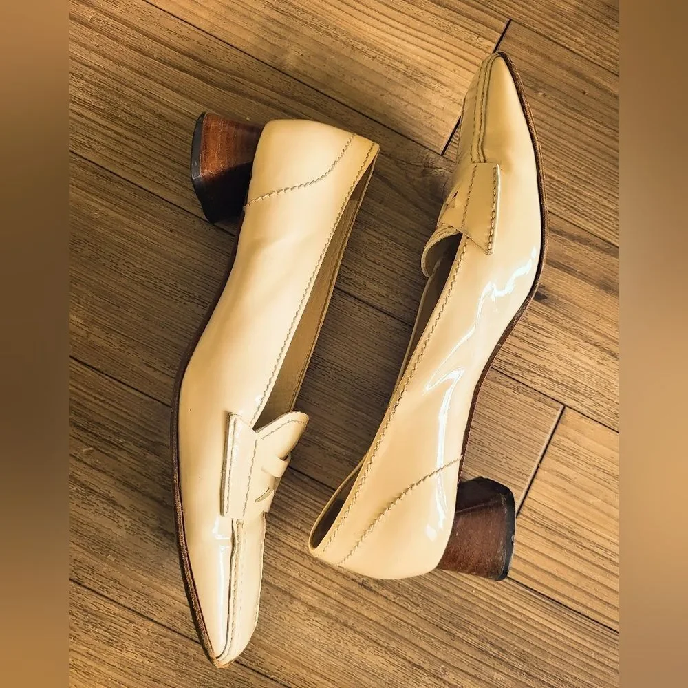 Vintage Prada Ivory Patent Leather Square-Toe Loafers Size 37